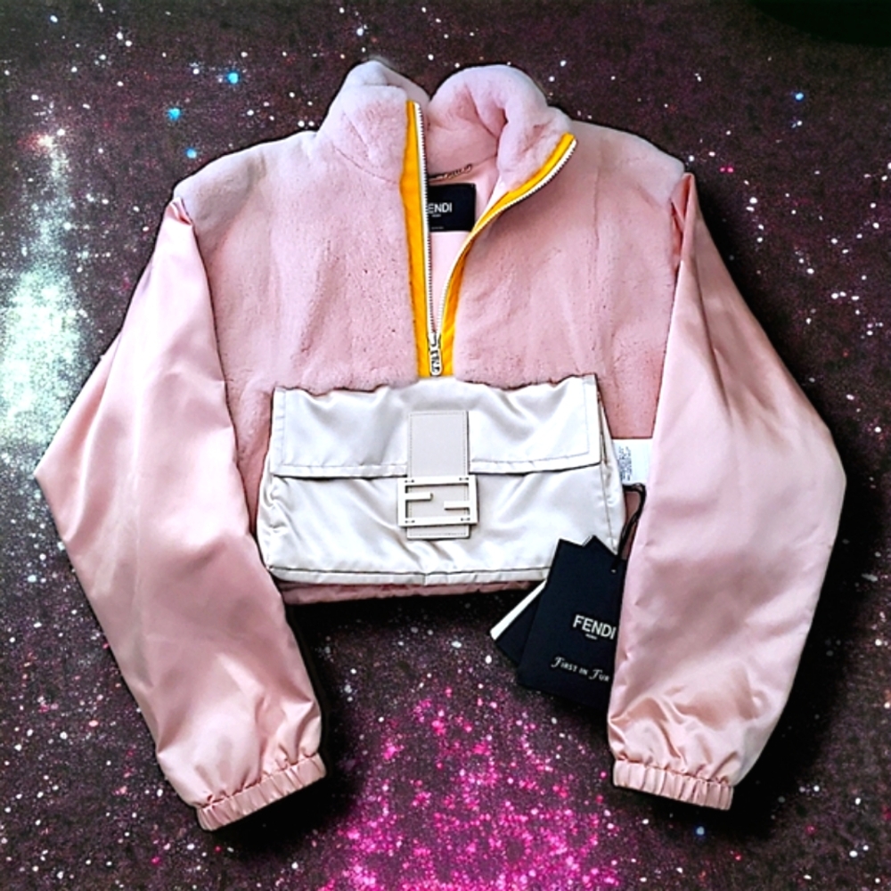 NWT Fendi Pink Mink Fur Cropped Pullover Anorak Baguette Pocket IT44 XL